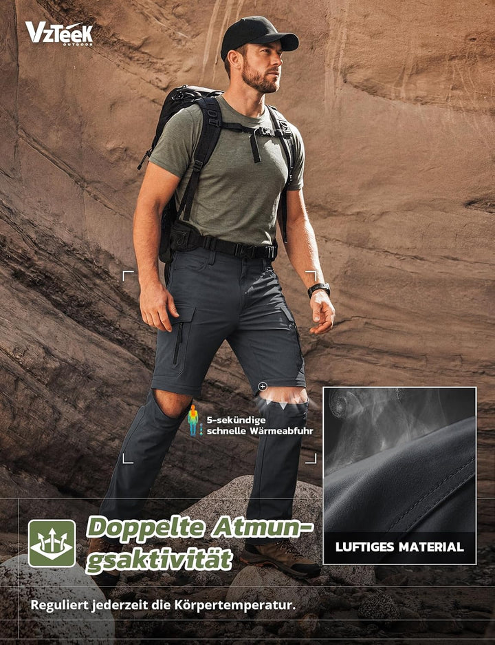 Vzteek Herren Wanderhose Zip Off Trekkinghose Outdoorhose Sommer Softshell Stretch Hose Kurz für Wan