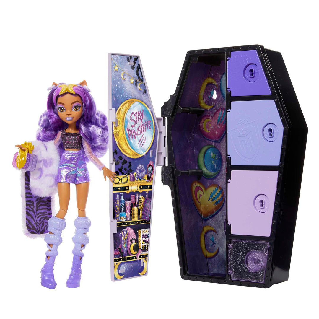 Monster High-Puppe und Outfits, Clawdeen Wolf, Skulltimate Secrets: Fearidescent-Serie, Spind mit üb