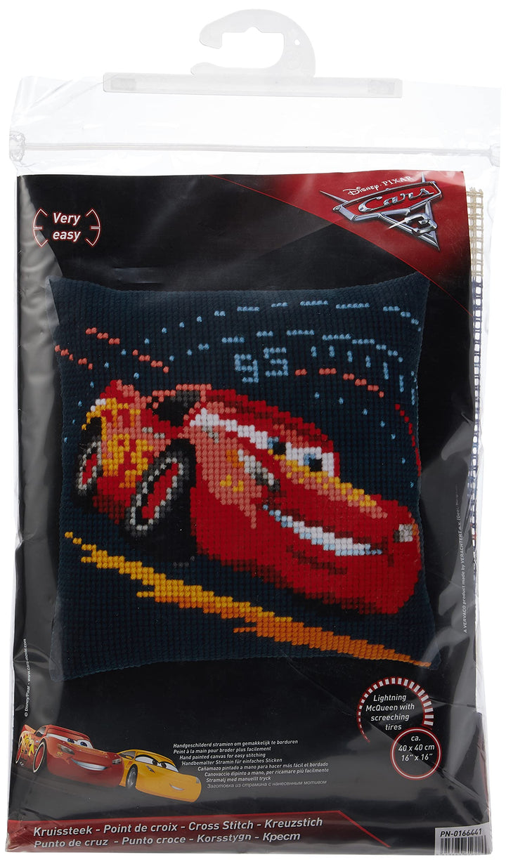 Vervaco WD Kreuzstichkissen Lightning McQueen Kreuzstickpackung vorgedruckt, Stramin, weiss, 40 x 40