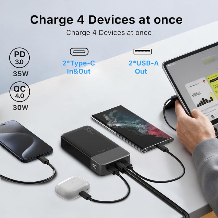 JUOVI 20000mAh Powerbank Tragbares Ladegerät, 35W Schnellladefunktion Externe Handyakkus PD 3.0 QC 4