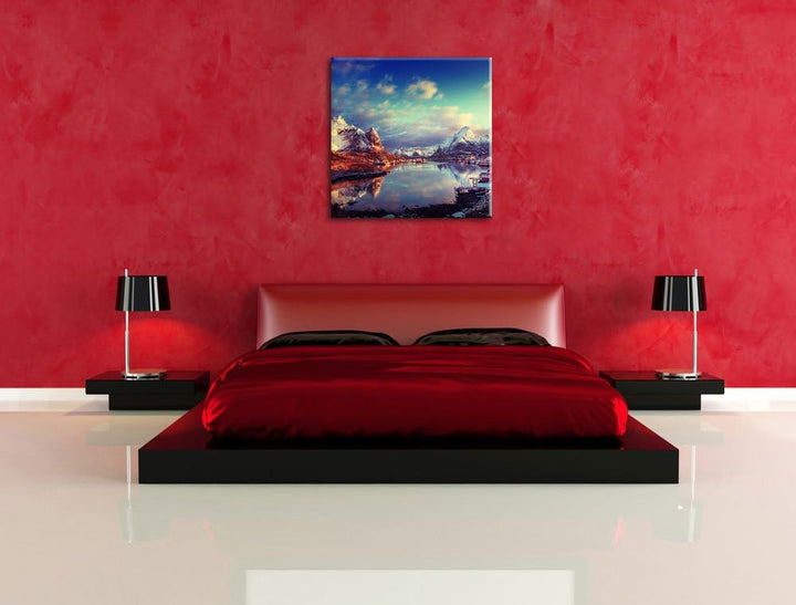 Pixxprint Schneelandschaft in einem Dorf in Norwegen, Format: 70x70 auf Leinwand, 70x70