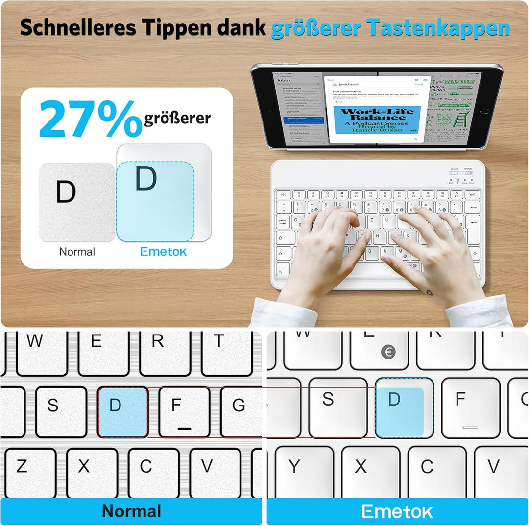 Emetok Deutsche Bluetooth Tastatur für iPad Air/Pro/Mini/10.9/10.2/9.7/iPhone/Android, Vergrösserte