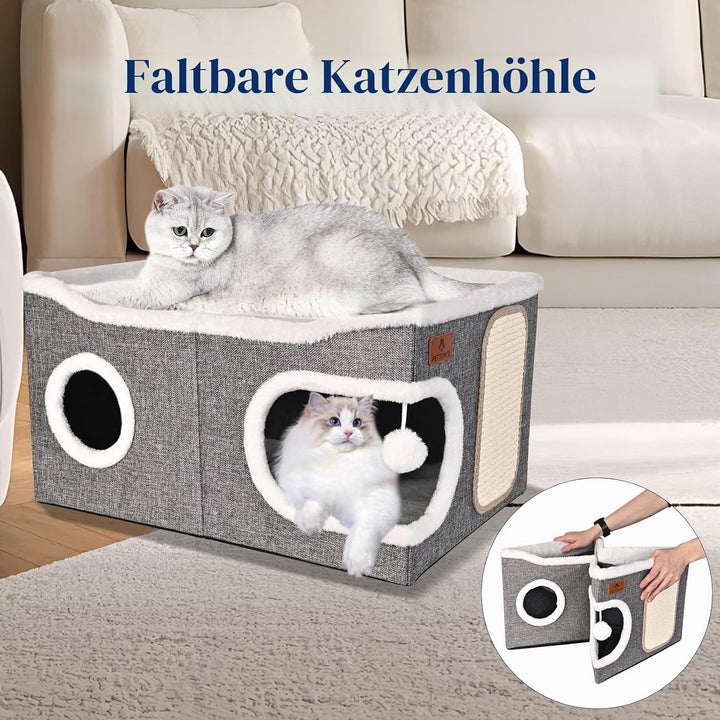 Extra Grosse Katzenhaus Indoor, 2-stöckige Kuschelhöhle mit Kratzbrett und Spielball, Katzenhöhle fü