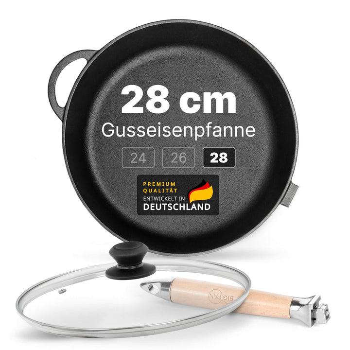 Premium tiefe Gusseisenpfanne 28 cm mit Glasdeckel abnehmbarer Holzgriff | unbeschichtet backofenfes