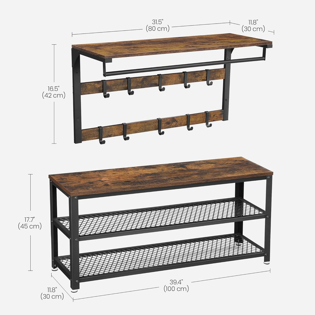 VASAGLE Wandgarderobe, Schuhbank, Wandregal mit Ablage und 10 Haken, Schuhregal mit 3 Ebenen, Aufbew