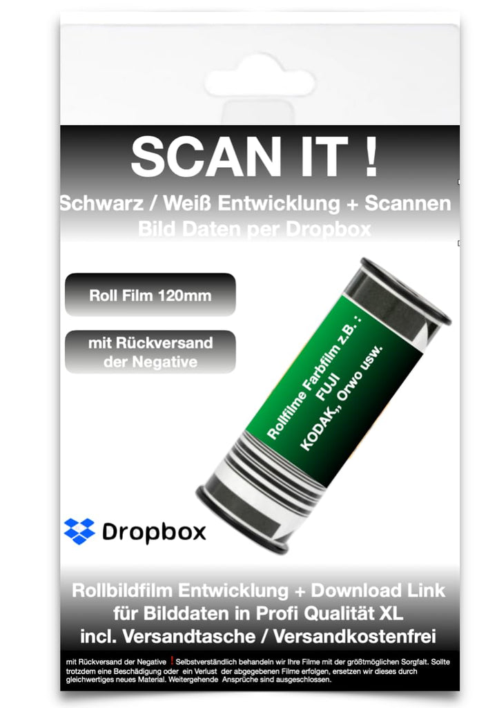 Filmentwicklung+Scann 120mm Rollfilm Schwarz/Weiss-Bilddaten per Dropbox XL Scann 3637x3637 px bei 6