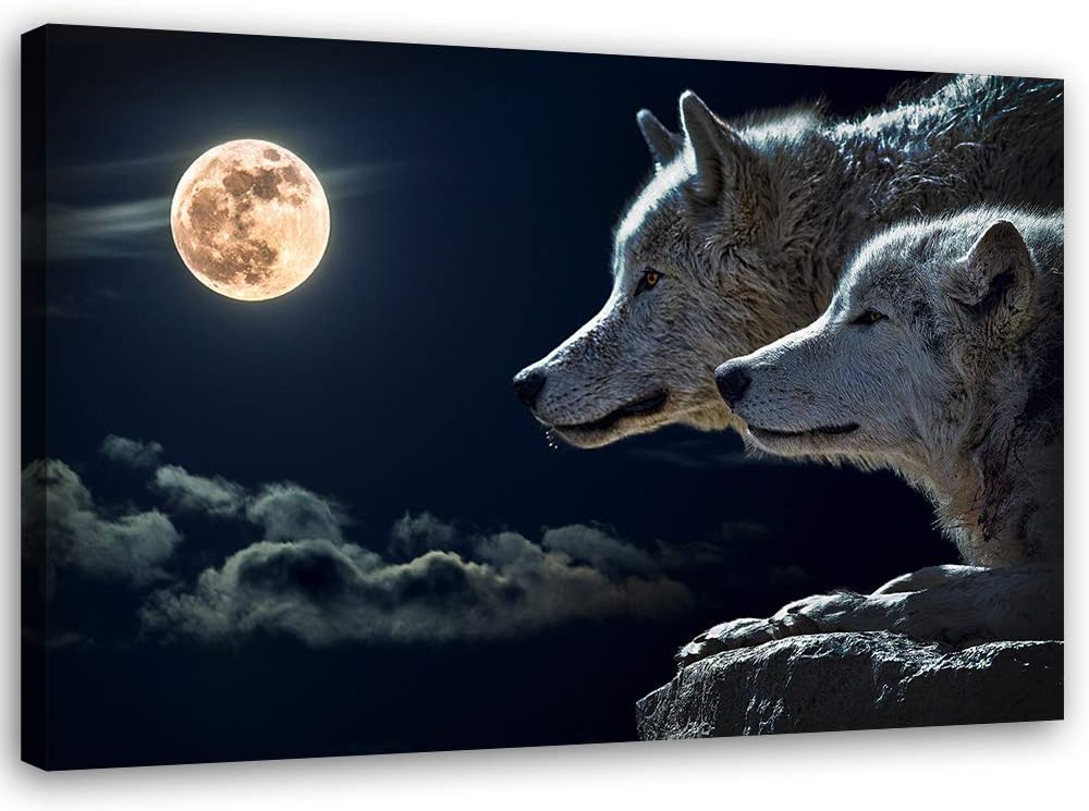 Feeby Leinwandbild Wölfe Bild Kunstdruck Mond Blau 70x50 cm Leinwandbild 70x50 cm Blau_a, Leinwandbi