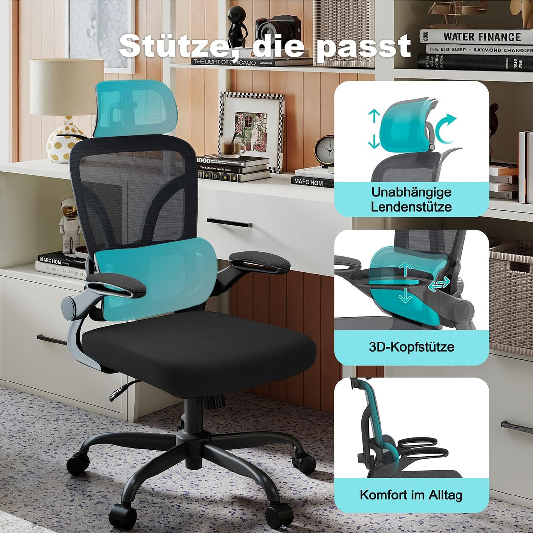 Ergonomischer Bürostuhl – Verstellbare Kopfstütze, Armlehnen &amp; Lordosenstütze, 360°-Drehfunktion, 15