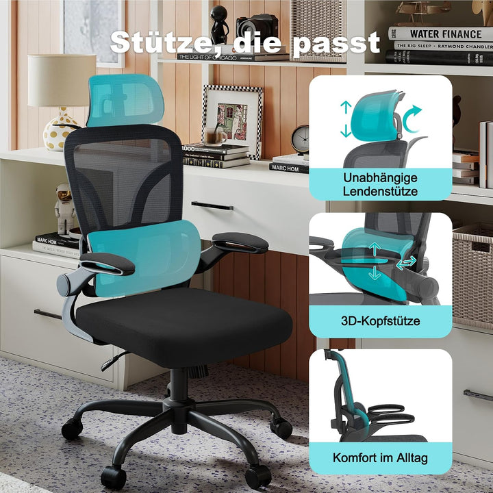 Ergonomischer Bürostuhl – Verstellbare Kopfstütze, Armlehnen &amp; Lordosenstütze, 360°-Drehfunktion, 15