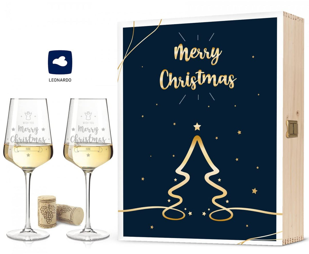 Leonardo Weingläser mit Gravur im - Goldene Weihnachten - Design als Set inkl. Holzkiste - Geschenk