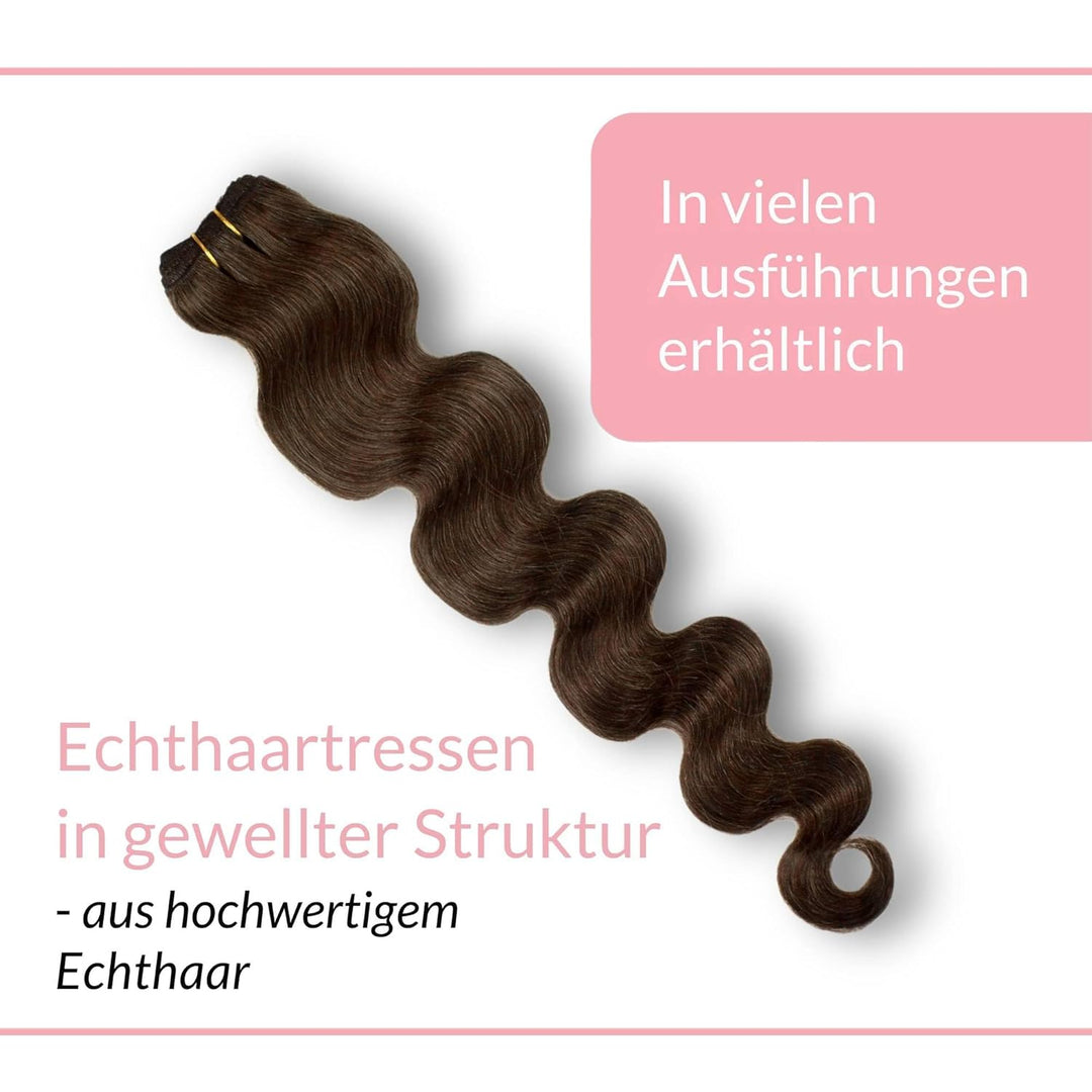 hair2heart Echthaar Tressen zum Einnähen Extensions Gewellt - 40cm 100g 6/3 dunkelblond gold #4 Brau