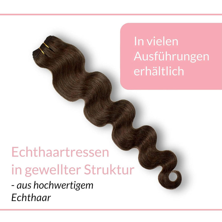 hair2heart Echthaar Tressen zum Einnähen Extensions Gewellt - 40cm 100g 6/3 dunkelblond gold #4 Brau