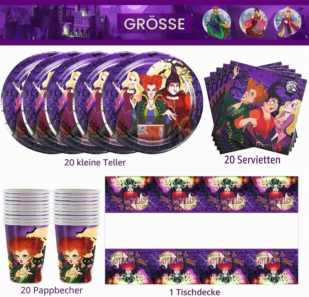 Hocus Pocus Thema Partygeschirr,Party Dekoration Grusel Hexen Witch Sisters,Crazy Partygeschirr Gebu