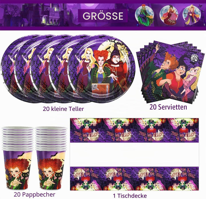 Hocus Pocus Thema Partygeschirr,Party Dekoration Grusel Hexen Witch Sisters,Crazy Partygeschirr Gebu