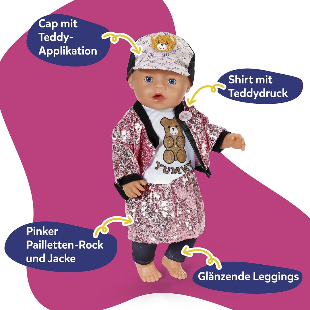 Baby Born Glam-Outfit mit pinkem Pailletten-Rock &amp; Jacke, Shirt mit Teddydruck, Cap &amp; Leggins für 43