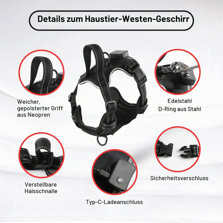 Hundegeschirr Leuchtend Aufladbar, LED Hundegeschirr Verstellbar Reflektierend mit Griff, Weich Gepo