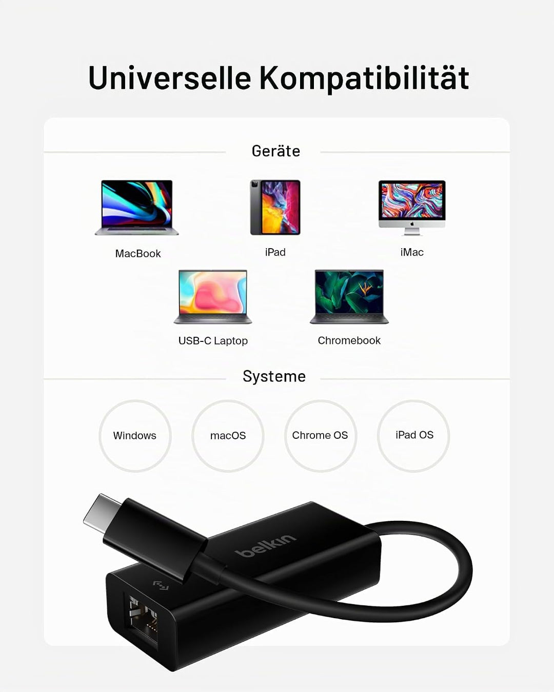 Belkin USB-C auf Gigabit Ethernet Adapter (15cm, USB-C Stecker, RJ45-Buchse, unterstützt 10/100/1000