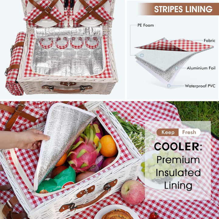 Picknick-Kühlkorb-Set für 4 Personen mit grosser wasserdichter Picknickdecke, isoliertem Fach und Be