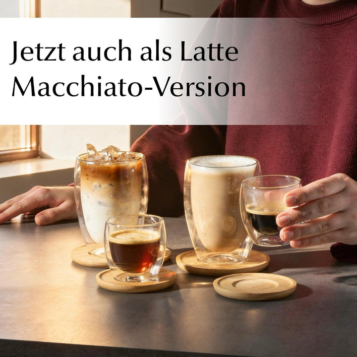 MIAMIO - Espressotassen 6er Set/doppelwandige Espresso Gläser/ohne Henkel/mit Untersetzer/Glas/dickw
