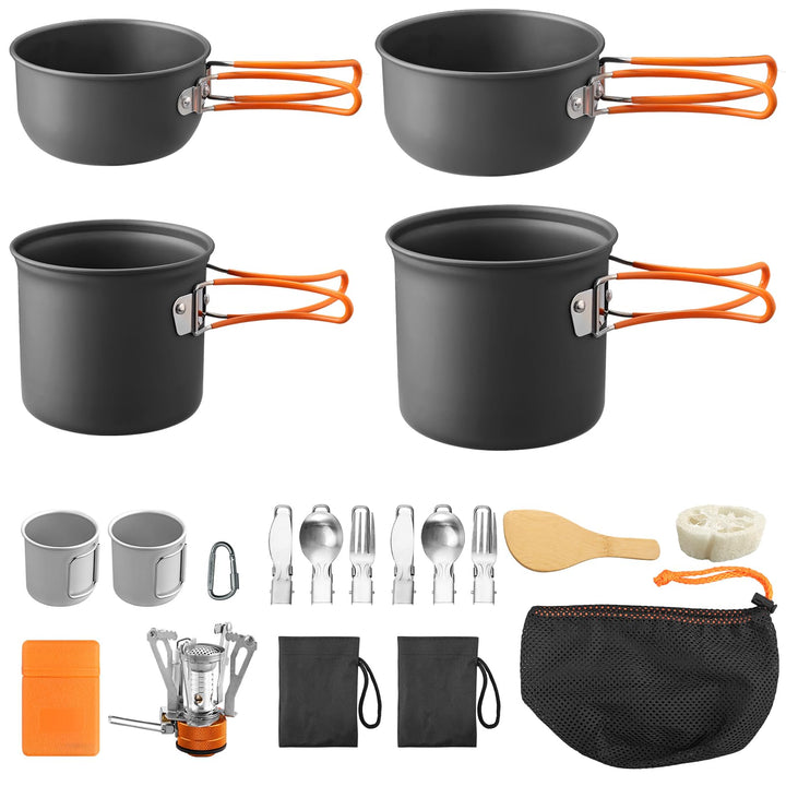 FUNYKICH 19 PCS Camping Geschirr Set, Camping Kochgeschirr Aluminium Pfanne Becher Herdplatte Reislö