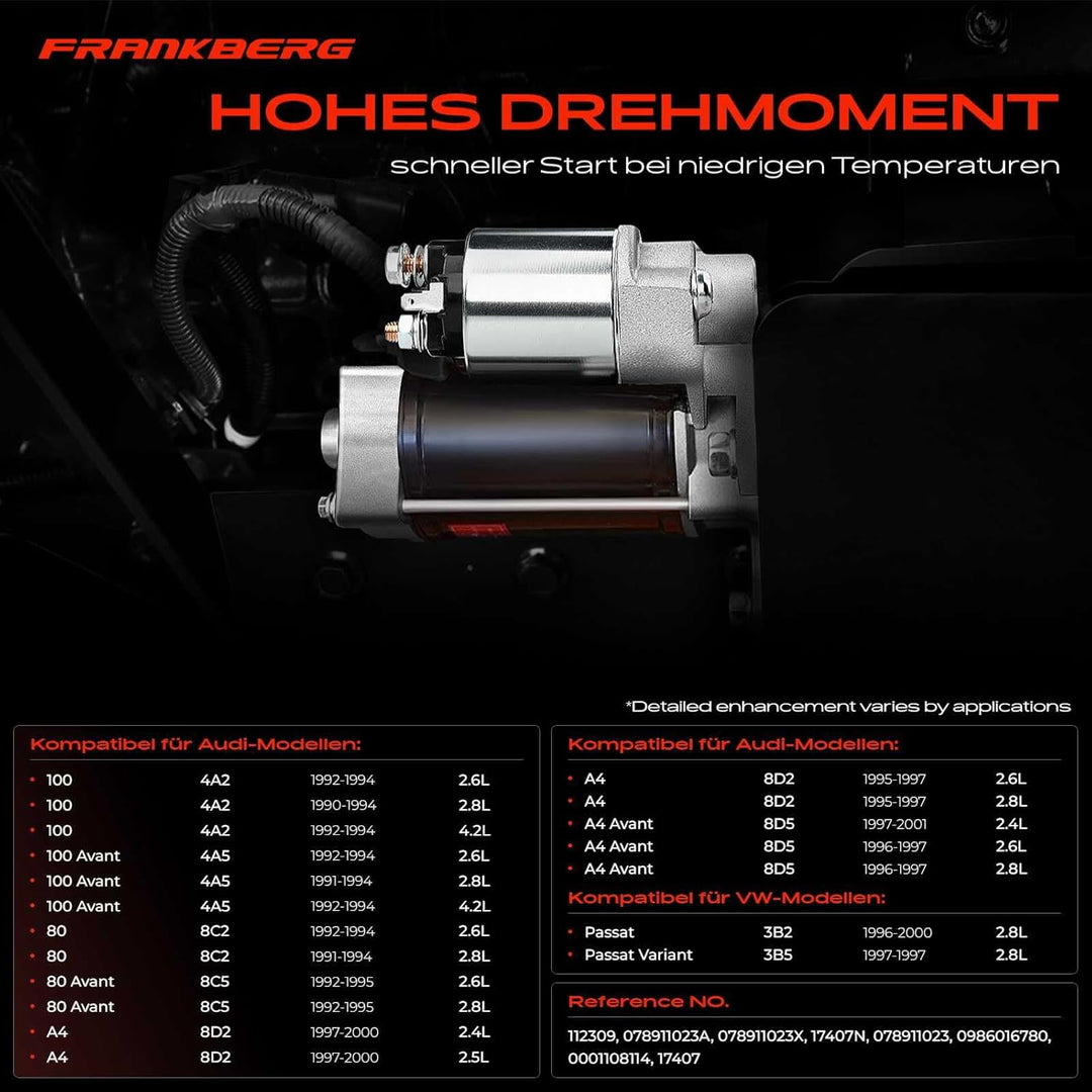 Frankberg Anlasser Starter 1.4KW Kompatibel mit 100 2.6L-4.2L 1990-1994 100 Avant 80 A4 A6 80 Avant