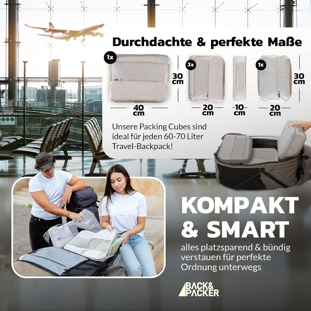 BACK&amp;PACKER® Packing Cubes mit Kompression 4-teilig - Packtaschen Set aus recyceltem Material - Leic