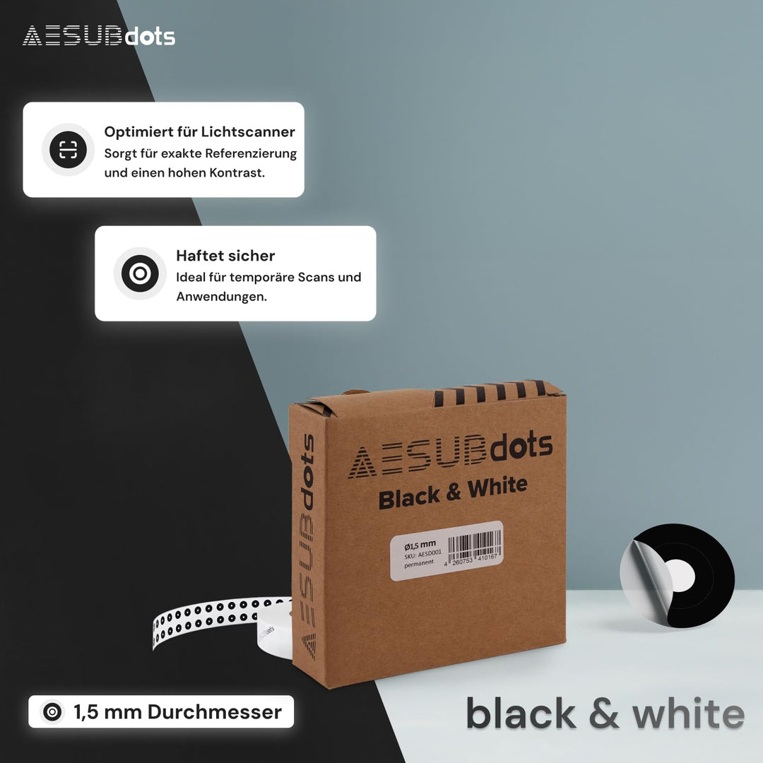 AESUBdots black&white – Weisse Referenzpunkte für 3D-Scanner mit strukturiertem Licht, selbstklebend