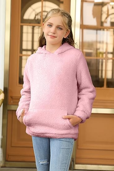 Runcati Pullover Mädchen Kapuzenpullover Fuzzy Teddy Fleece Sweatshirts mit Kapuze Taschen Freizeit