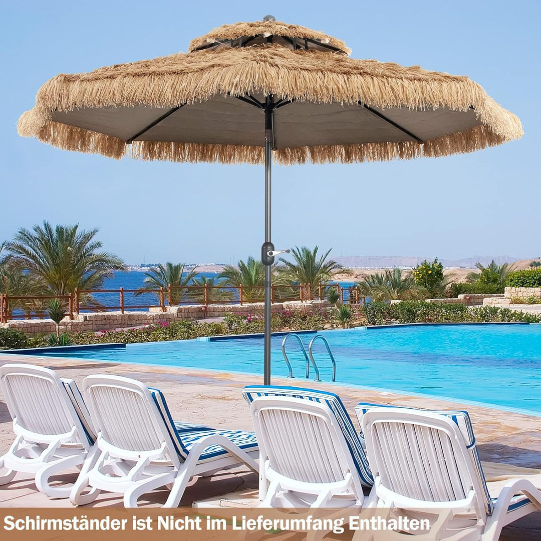 GOPLUS Sonnenschirm Hawaii, Ø 270 cm Sonnenschirm Stroh um 30° knickbar, Strandschirm mit Kurbel, St
