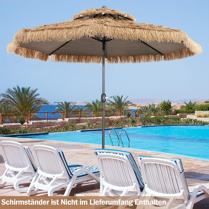 GOPLUS Sonnenschirm Hawaii, Ø 270 cm Sonnenschirm Stroh um 30° knickbar, Strandschirm mit Kurbel, St