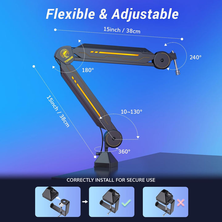 Gaming Mikrofon Arm mit RGB Licht TONOR Mikrofonarm Leuchten Touch verstellbar, Mikrofonhalter mit 1
