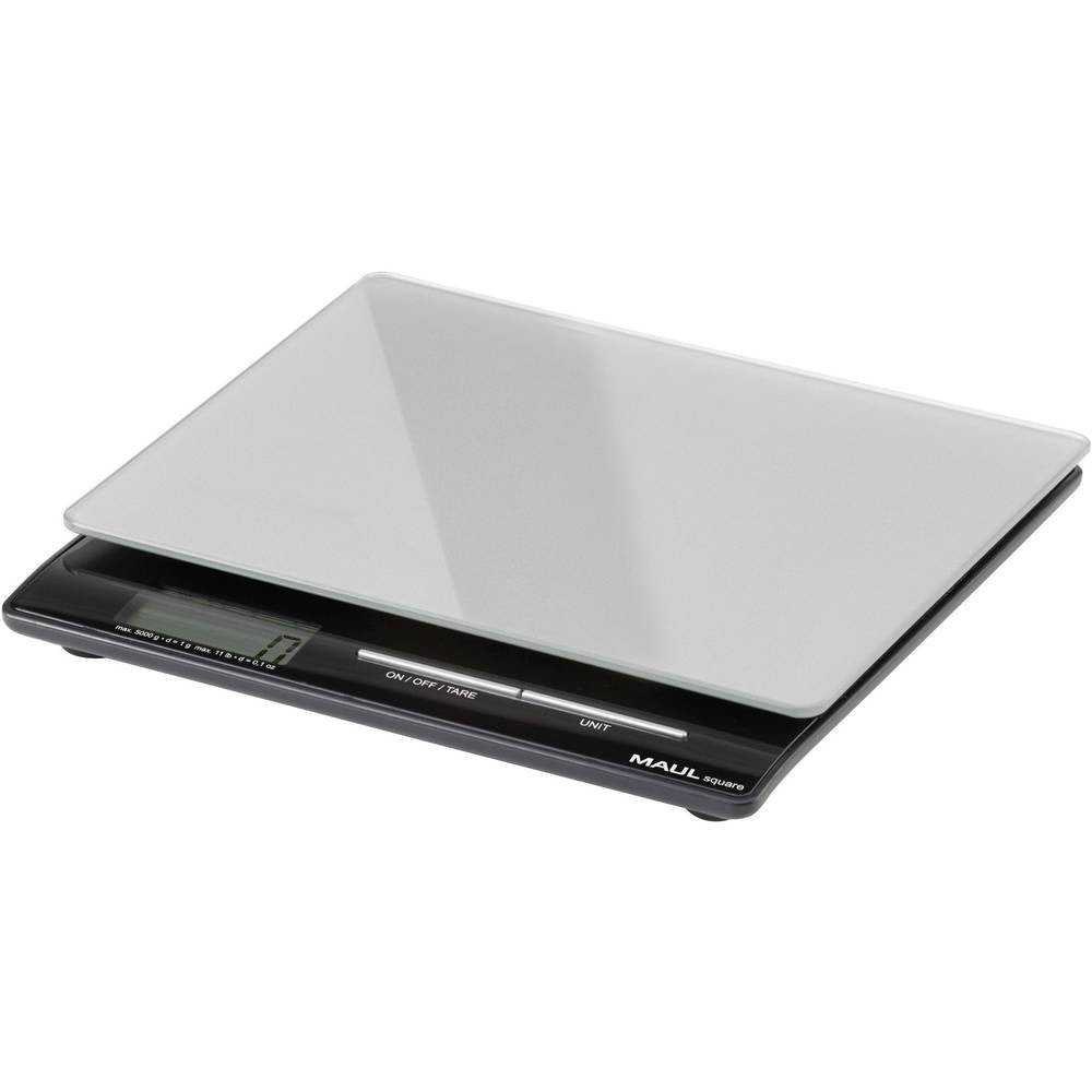 Maul Briefwaage MAULsquare, Küchenwaage Glasoberfläche 18 x 15 cm, Inklusive Batterie, 5000 g, Silbe
