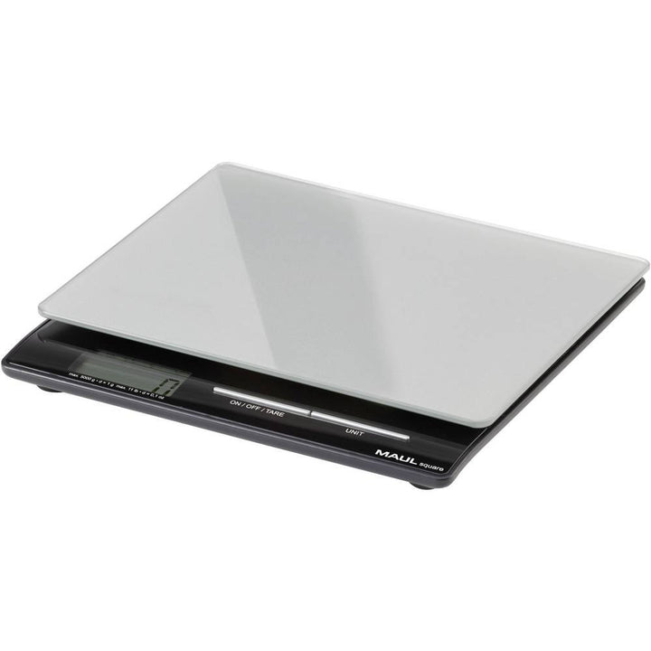 Maul Briefwaage MAULsquare, Küchenwaage Glasoberfläche 18 x 15 cm, Inklusive Batterie, 5000 g, Silbe