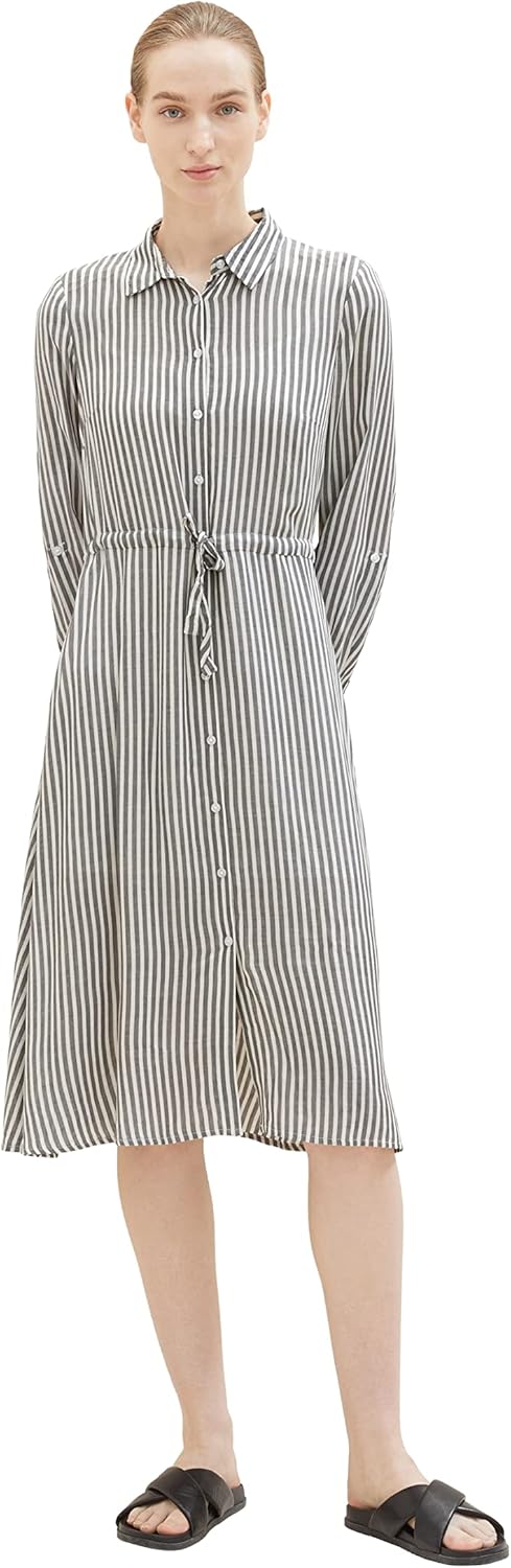 TOM TAILOR Damen 1037932 Kleid mit Streifen & Knopfleiste, 32595-navy White Dobby Stripe, 40