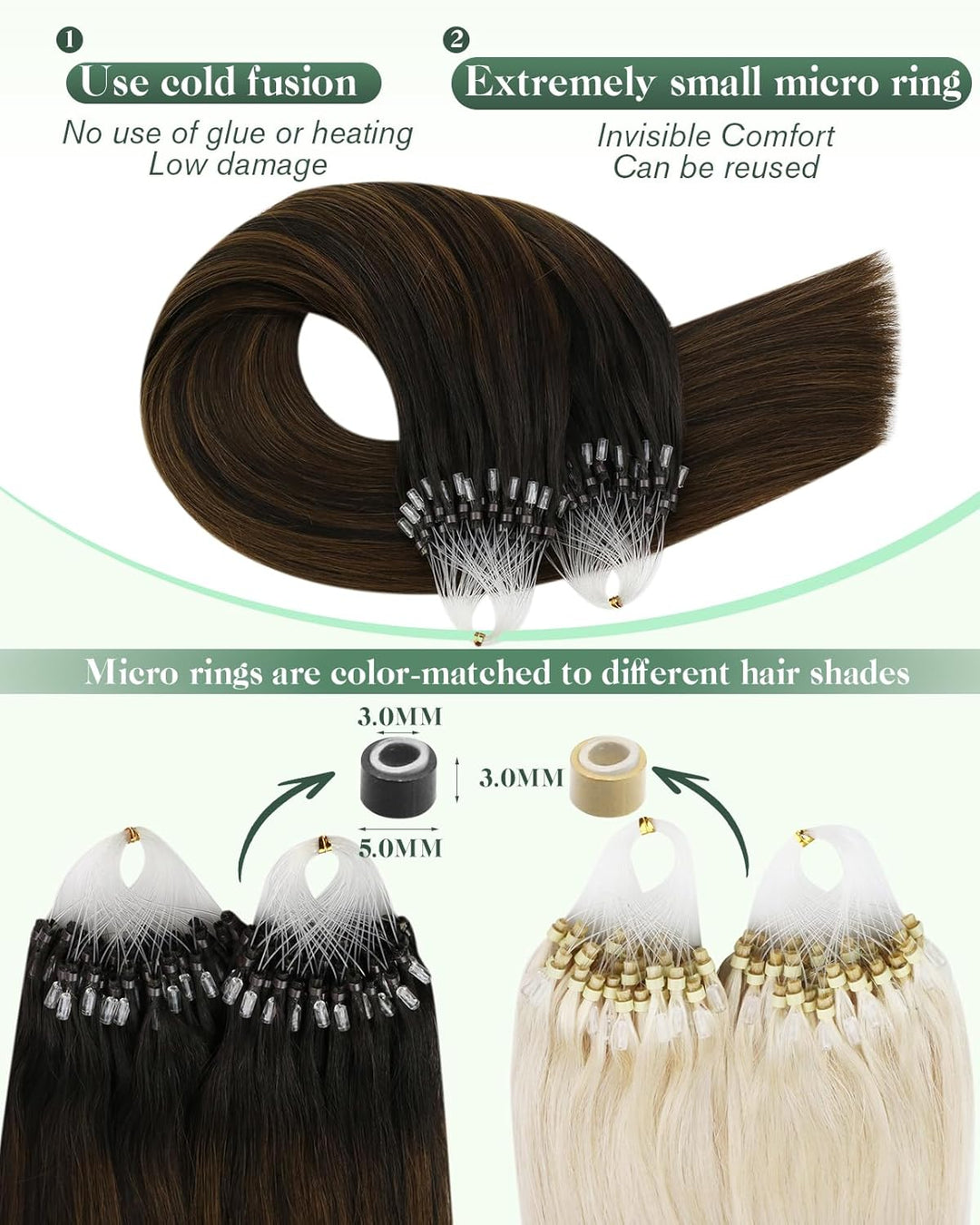 Ugeat 35cm Haarverlängerung Micro Bondings Ombre Balayage Dunkelstes Braun mit Mittelbraun 2/6/2 50S
