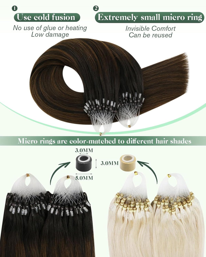 Ugeat 35cm Haarverlängerung Micro Bondings Ombre Balayage Dunkelstes Braun mit Mittelbraun 2/6/2 50S