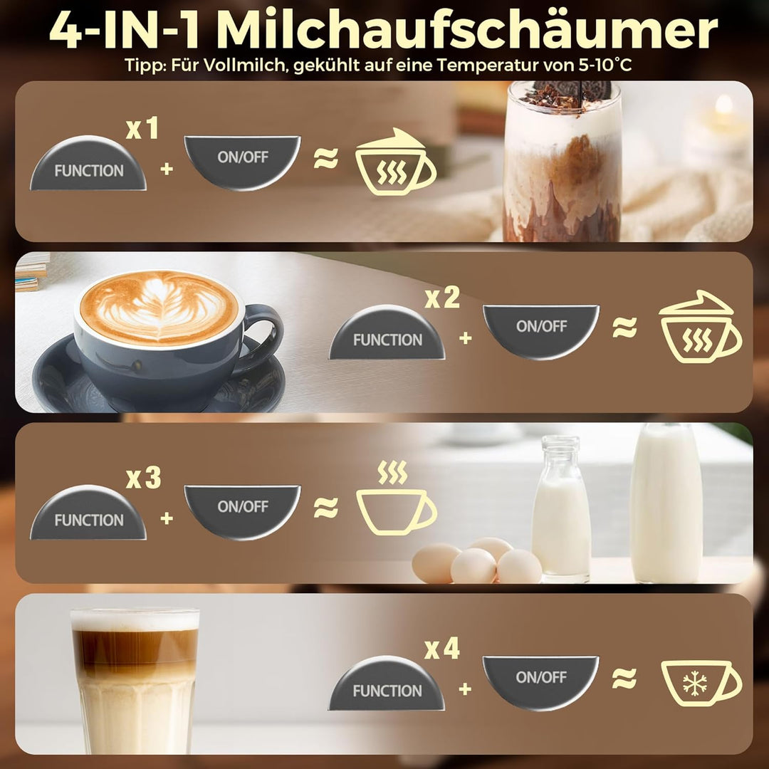HAUSHOF Elektrischer Milchaufschäumer, 4 in 1 Elektrischer Milchdampfgarer, Automatische Milchschäum