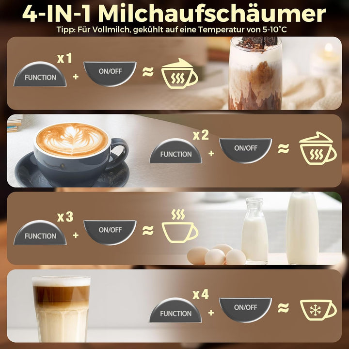 HAUSHOF Elektrischer Milchaufschäumer, 4 in 1 Elektrischer Milchdampfgarer, Automatische Milchschäum