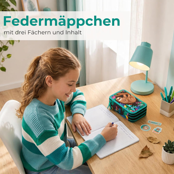 Goldkids Federtasche 3-fache Federmappe Schülerplaner Faultier Federmäppchen 46-teilig gefüllte Schü