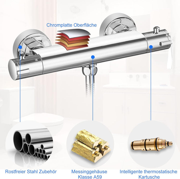 KEOKBON Duschthermostat mit 38 °C Sicherheitstaste, Duscharmatur Thermostat mit Durchflusseinstellun