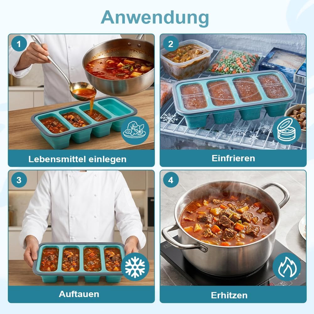 3 Stück Souper Cubes Set mit Deckel + 15 Gefrierbeutel, Faltbare Silikon Gefrierbehälter, 500/350/25