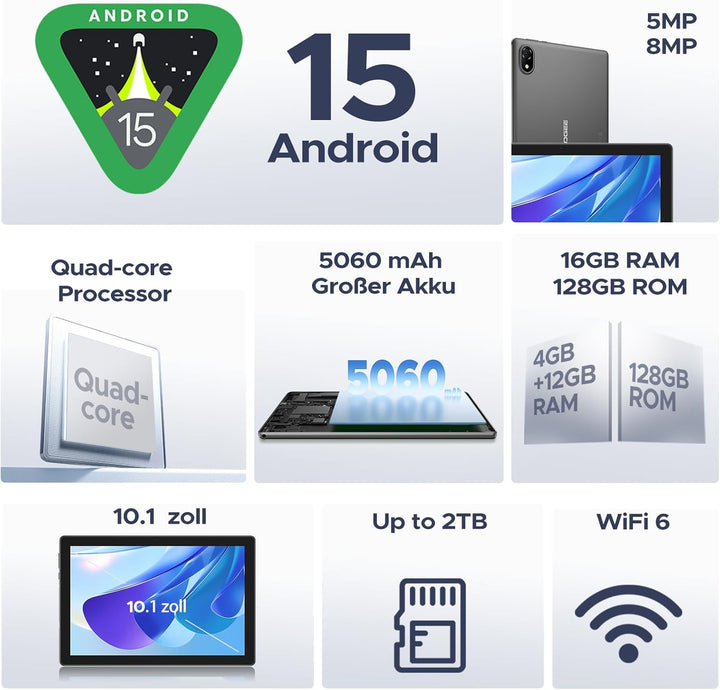 DOOGEE U10 Android 15 Tablet 10 Zoll 16GB RAM+128GB ROM (2TB TF) 5060mAh Kinder Tablet Android WiFi