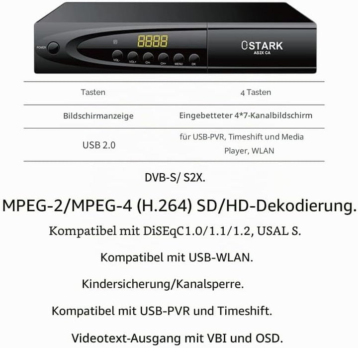 Ostark AS2X CA Digitaler Satellitenreceiver FTA DVB S2 S S2X DVBS2 HDMI FHD 1080P FTA H265 USB WiFi