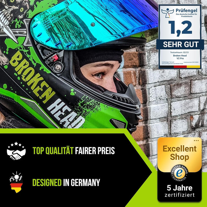 Broken Head Jack S. V2 Pro - Integral-Helm Grün- Sport-Motorrad-Helm Mit 2 Visieren (Klares + Gratis