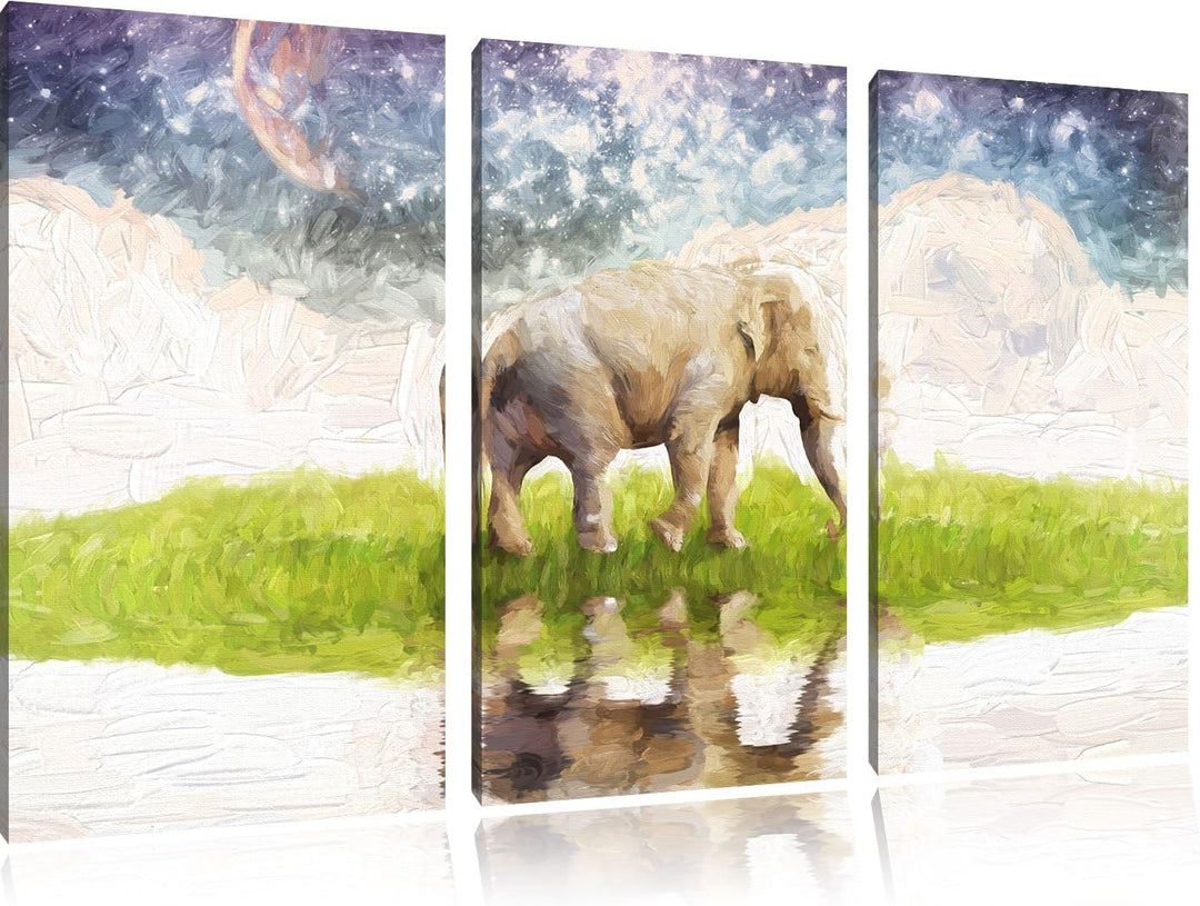 Pixxprint Elefant am Wasser / 3-Teilig/Gesamtmass 120cm Leinwandbild bespannt auf Holzrahmen/Wandbil