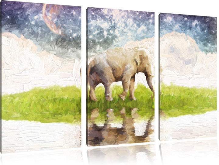 Pixxprint Elefant am Wasser / 3-Teilig/Gesamtmass 120cm Leinwandbild bespannt auf Holzrahmen/Wandbil