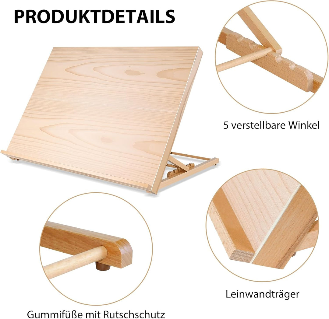 Zeichenbrett Staffelei, A2 Tischstaffelei Workstation 65x51cm aus Buchenholz, 5 Verschiedene Winkel,