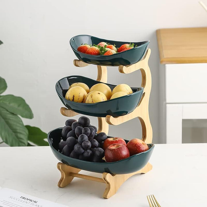 YYW 3-stöckige Keramik-Obstschale, Porzellan-Obstkorb, Obstständer, Aufbewahrungshalter mit Bambusho