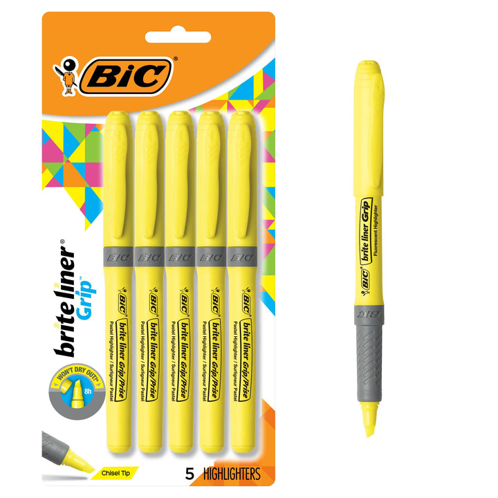 BIC Brite Liner Grip Textmarker, Blau, 12 Stück gelb 5-Count, gelb 5-Count