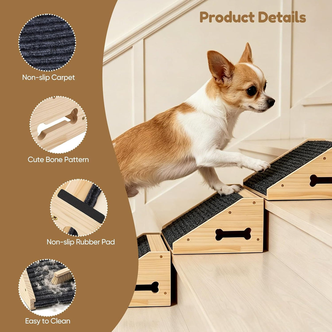 4 Stück Hundetreppe für Kleine Hunde Hunderampe für Treppen aus Holz | Rutschfeste Hunde Treppe mit
